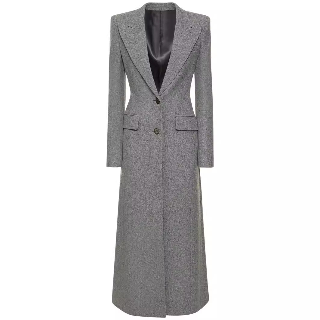 Women's Maxi Long Wool Blend Blazer Coat with Distinctive Shoulder Design Chichicherry