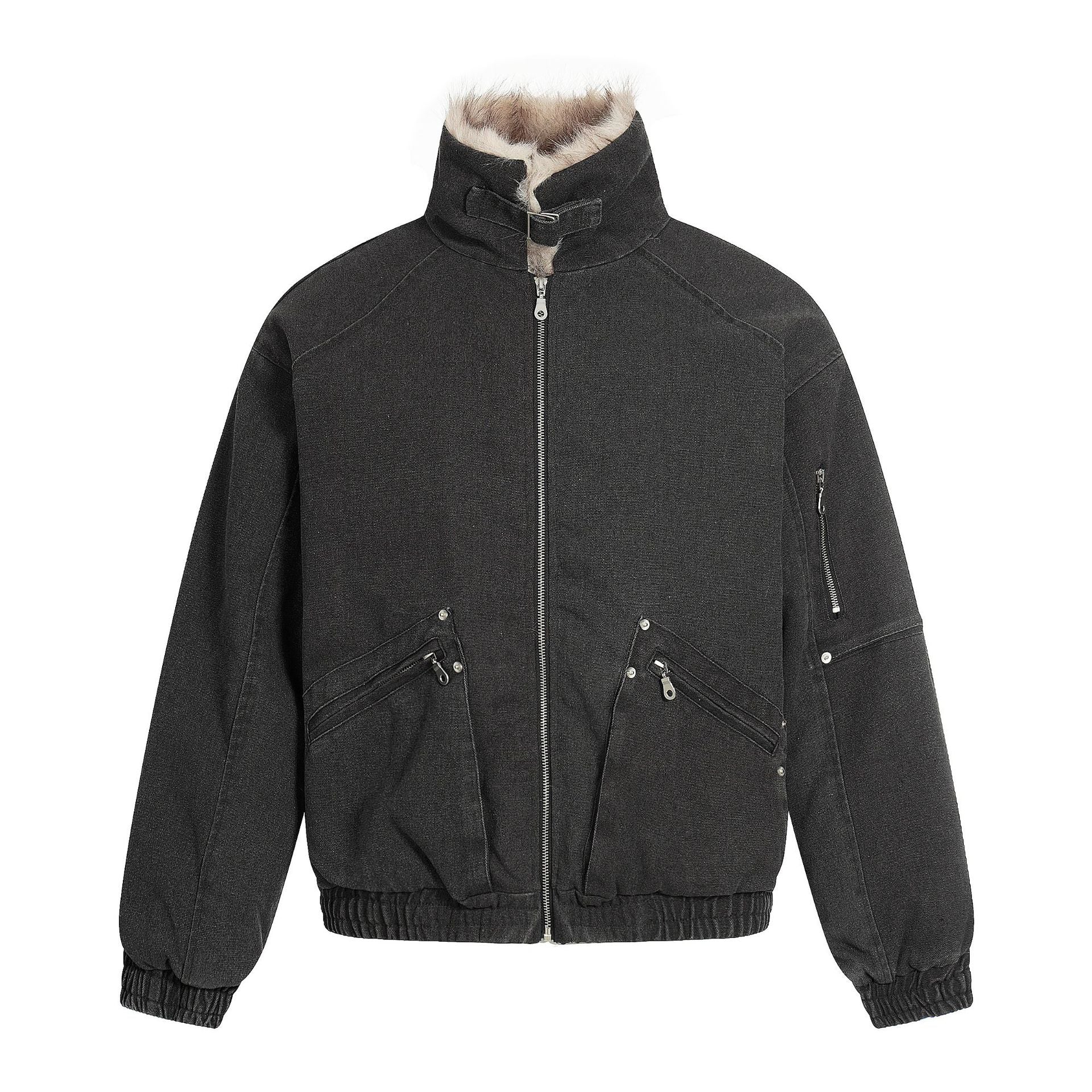 Men's Oversized Bomber Jacket in Vintage Canvas Look with Faux Fur Lined Stand Collar Chichicherry