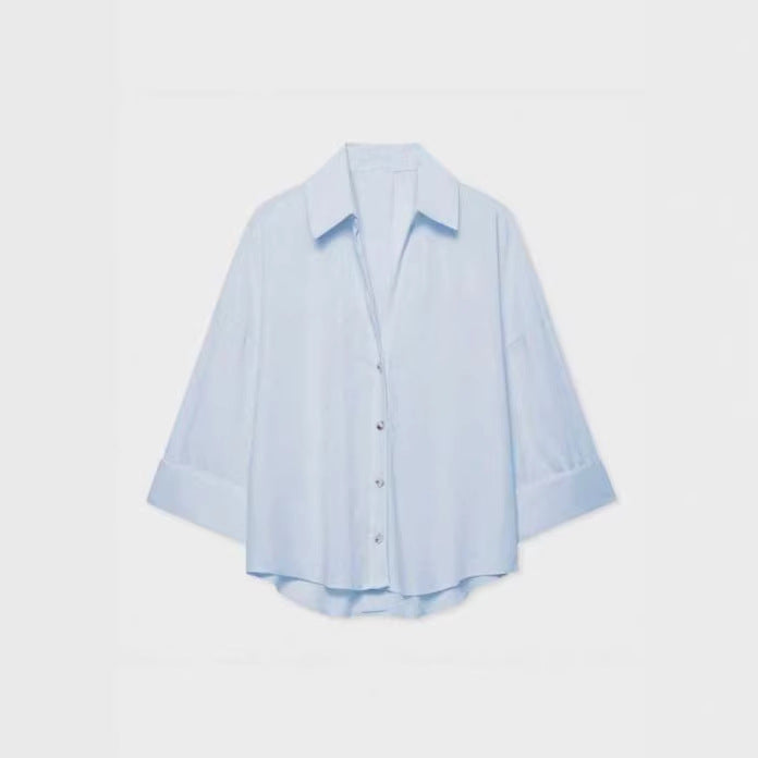 Women's Lightweight Oversized Linen Look Blouse with Three-Quarter Sleeves and Full Button Placket Chichicherry