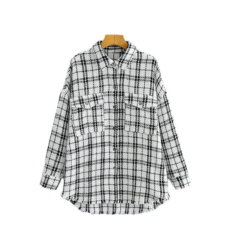 Women's Oversized Tweed Shirt Jacket with Chest Pockets and Frayed Hem Chichicherry