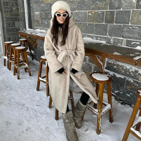 Women Longer Teddy Faux Fur Coat with Tie Belt and Oversized Silhouette Chichicherry