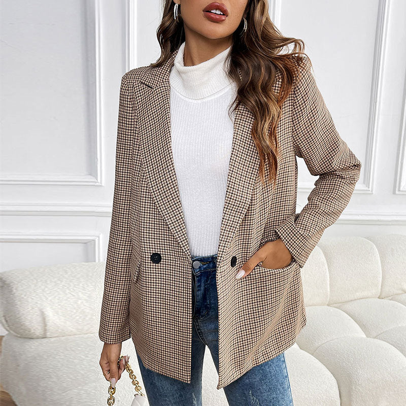 Women's Oversized Houndstooth Blazer with Lapel Collar and Flap Pockets Chichicherry