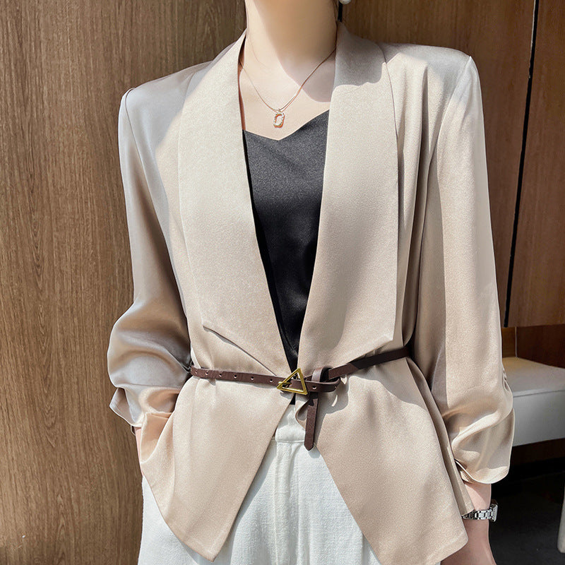 Women's Shawl Collar Blazer with Satin Trim, Open Front and Casual Short Style Chichicherry