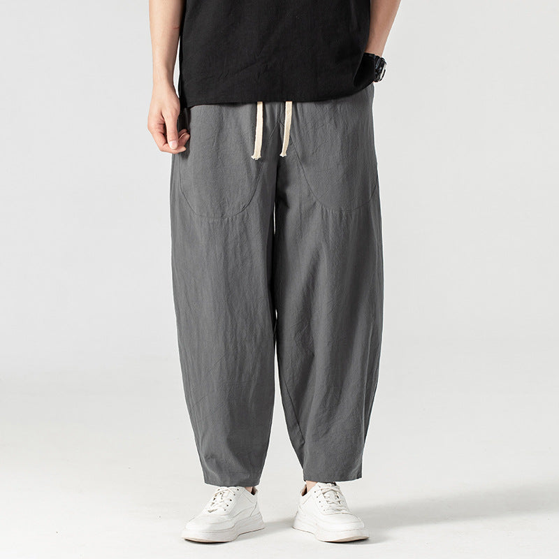 Men's Casual Linen-Cotton Pants with Wide Leg, Drawstring, and Patch Pockets Chichicherry