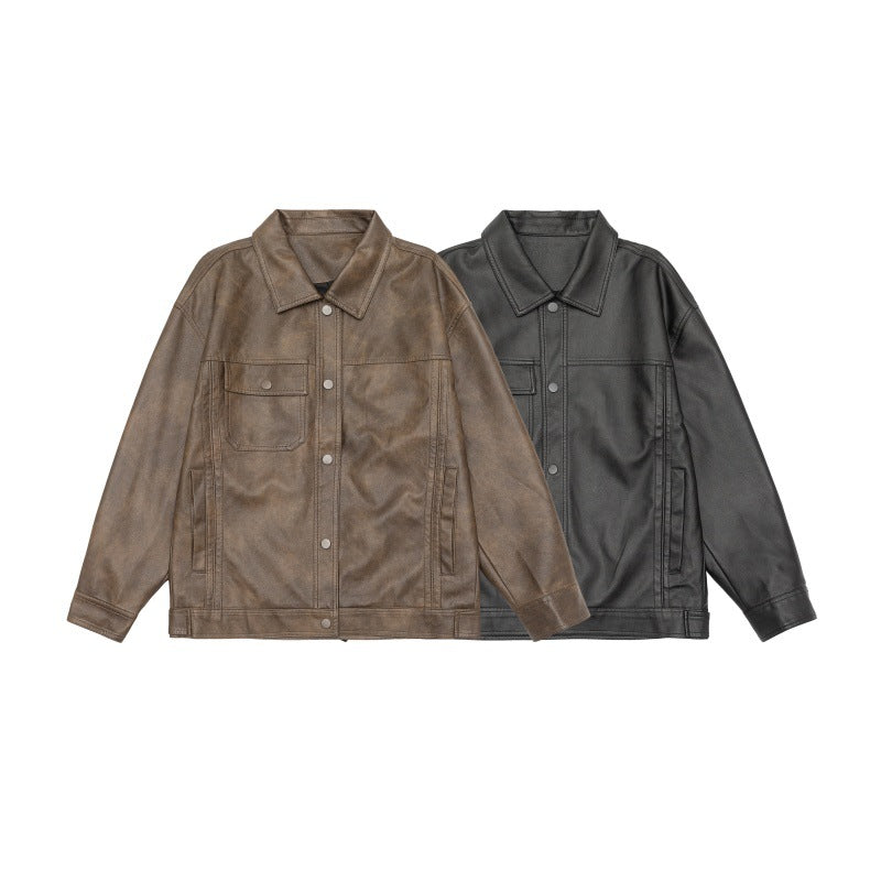 Men's loosely cut overshirt in vintage leather look with snap button front and breast flap Chichicherry
