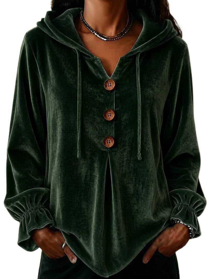 Women Velvet Hooded Blouse with Decorative Button Placket, Front Pleat and Gathered Cuff Sleeves Chichicherry