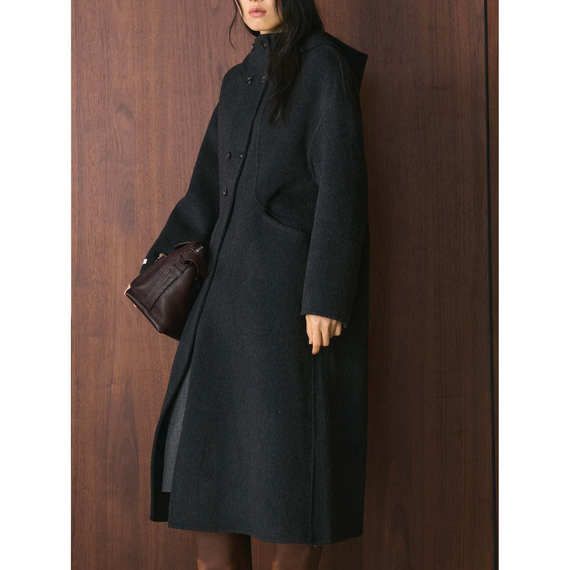 Women's Oversized Double-Breasted Wool Coat with Hood and Stand-Up Collar Chichicherry