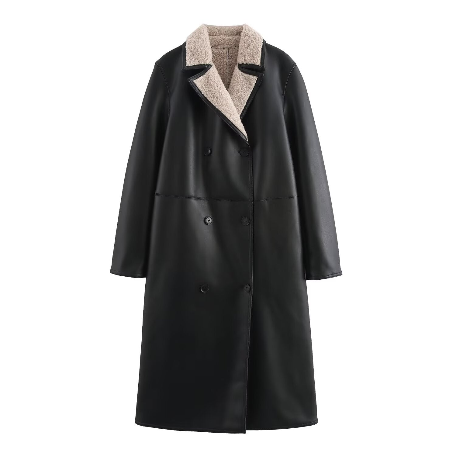 Women Faux Leather Coat with Teddy Lining and Double-Breasted Button Placket Chichicherry