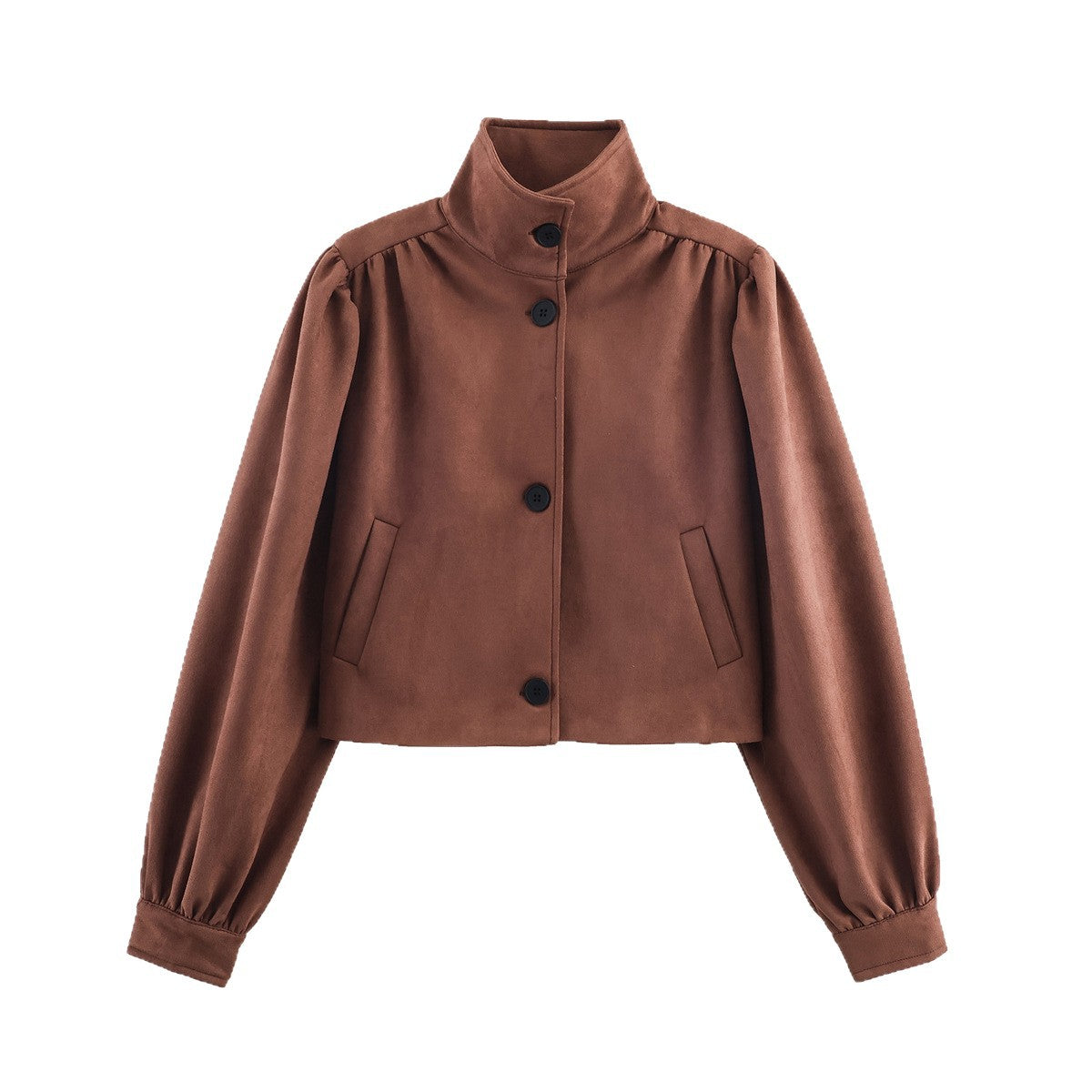Women's short-cut suede-look jacket with stand-up collar, balloon sleeves, and pocket flaps Chichicherry