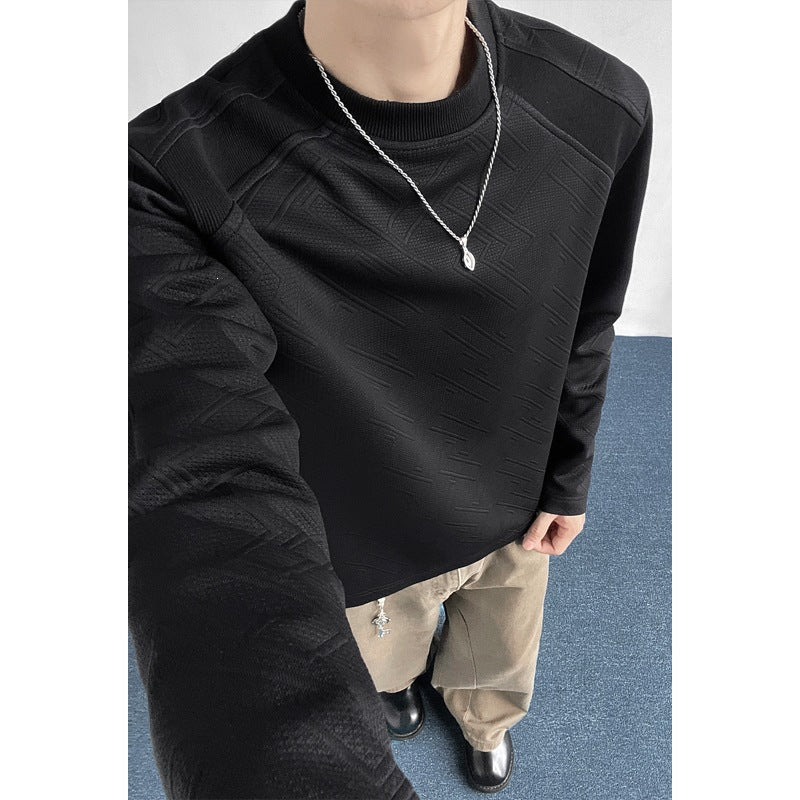 Men's Structured Long Sleeve Shirt with Stand-Up Collar and Geometric Relief Pattern Chichicherry