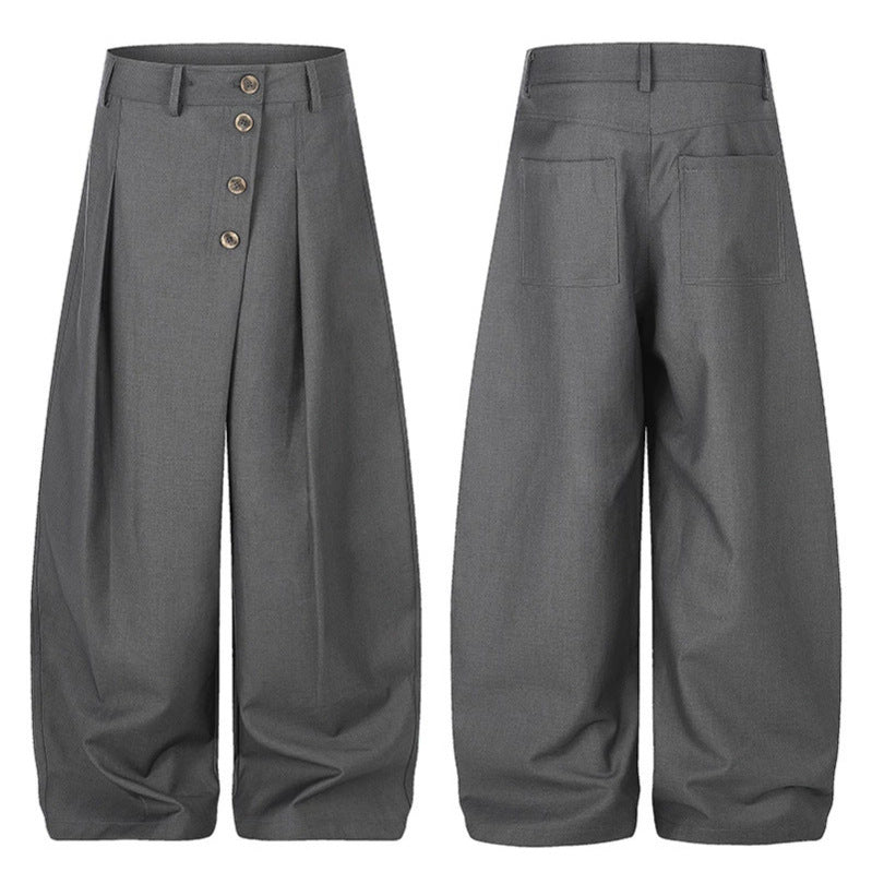 Women's Wide Palazzo Pants with High Waist, Pleats and Asymmetrical Button Placket Chichicherry