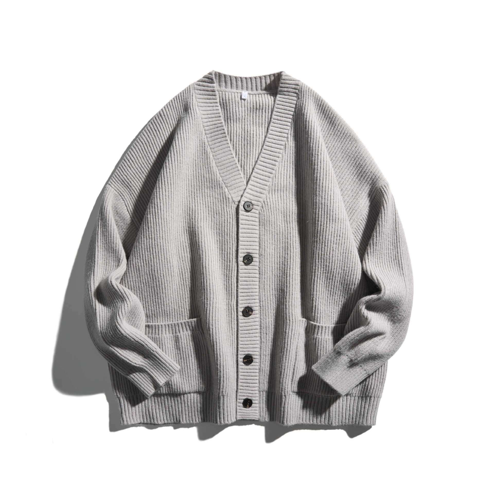 Women's Oversized Ribbed Knit Cardigan with V-Neck and Patch Pockets Chichicherry