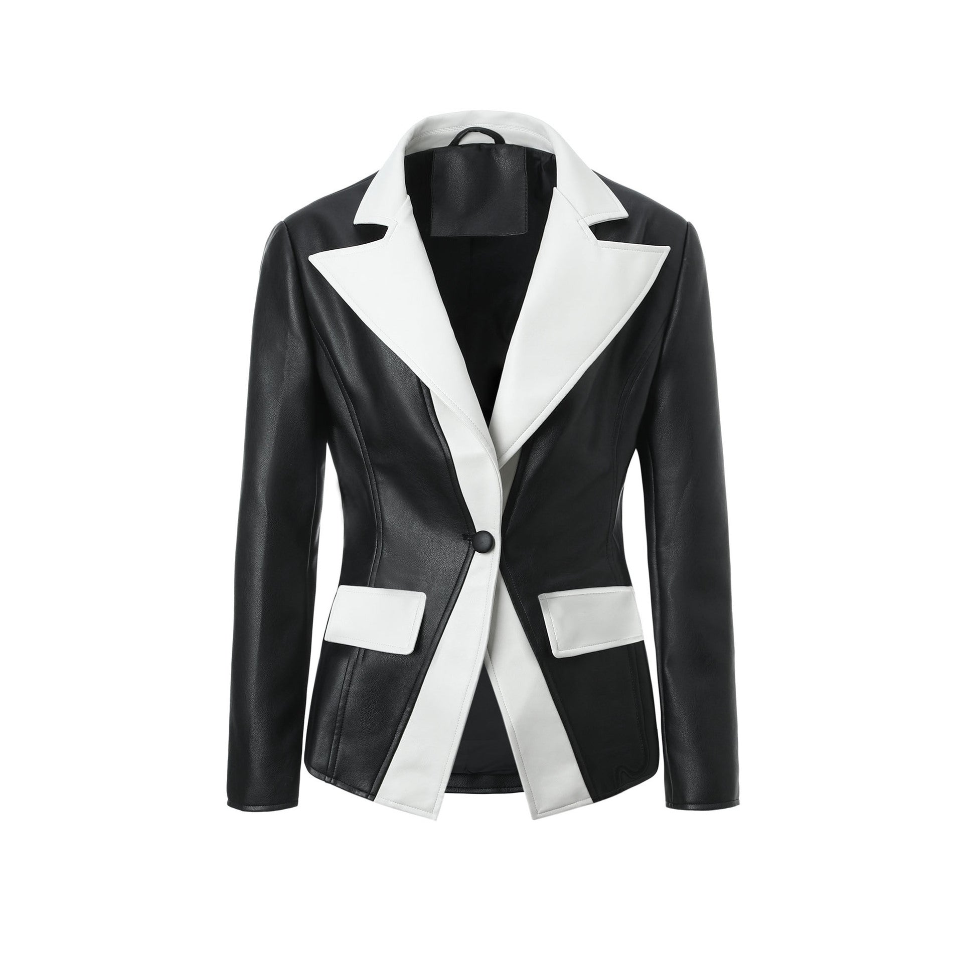 Women's contrast blazer made of faux leather with pointed lapels and tailored fit Chichicherry