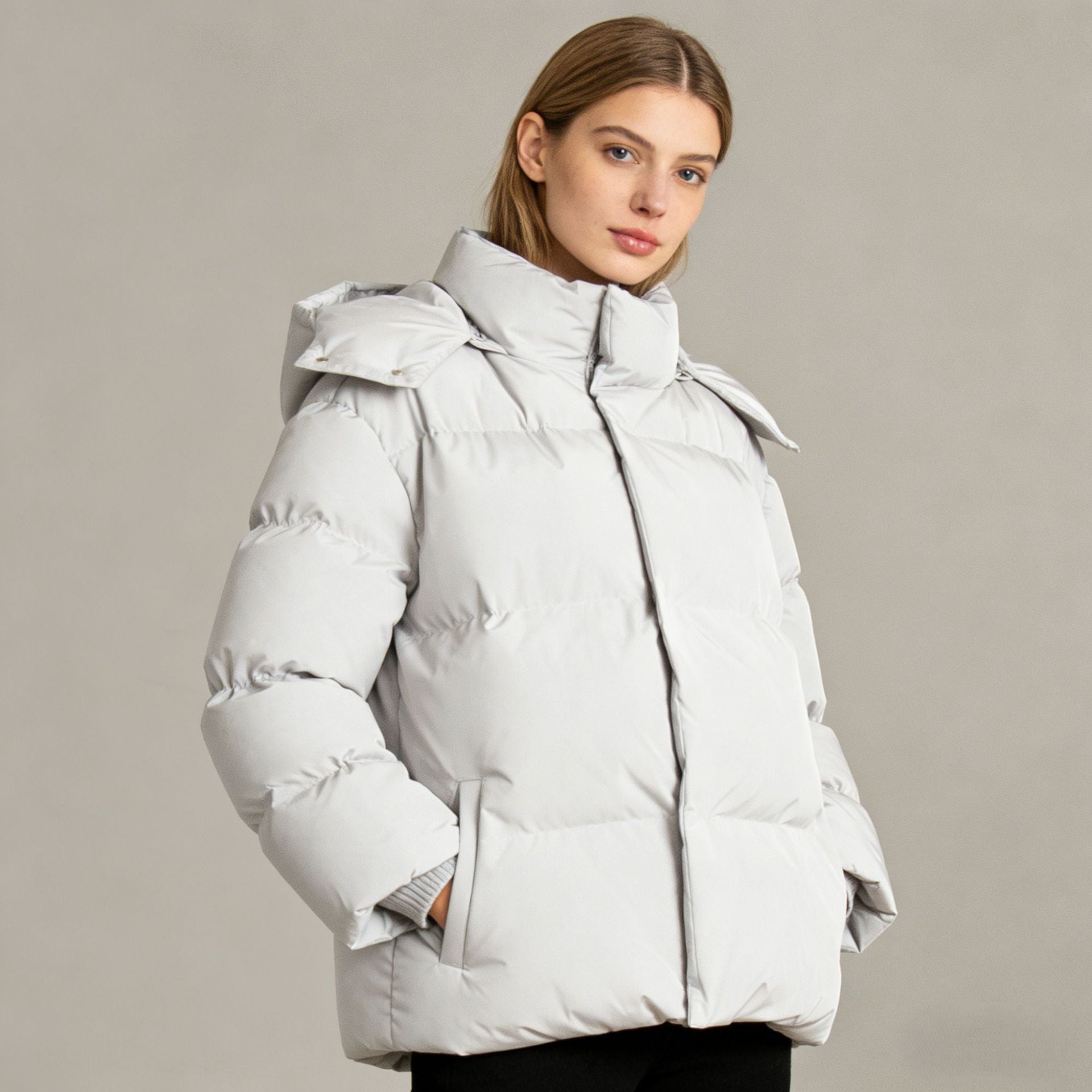 Women's Padded Oversized Quilted Jacket with Hood and High Stand Collar Chichicherry