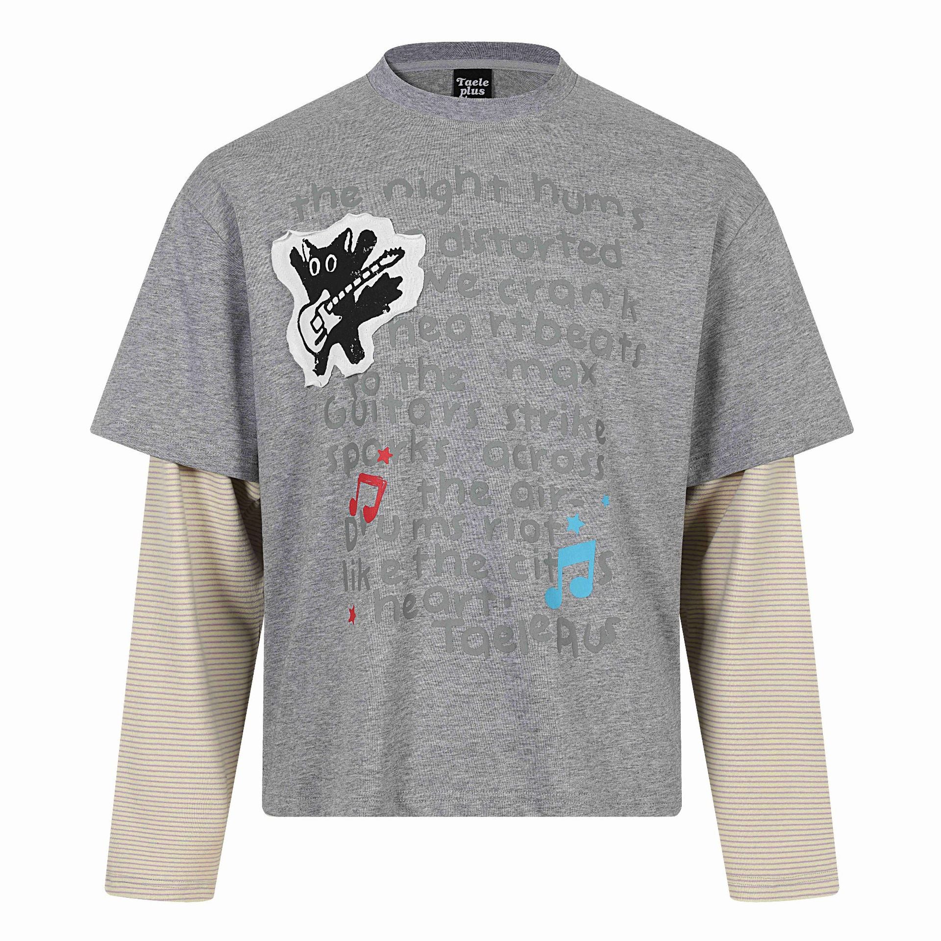 Unisex Layered Look Long Sleeve T-Shirt with Attached Short Sleeve Layer and Graphic Print Chichicherry