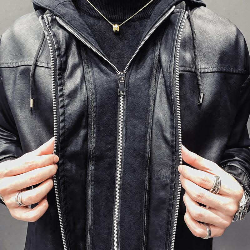 Men's Faux Leather Bomber Jacket with Hood Liner and Ribbed Cuffs Chichicherry