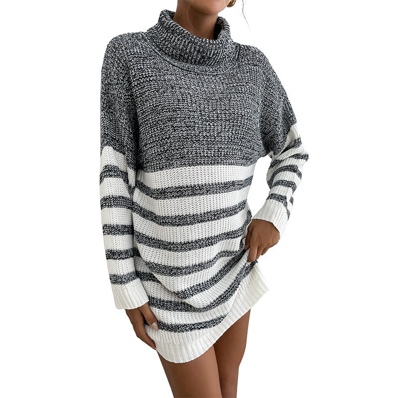 Women's Striped Turtleneck Knit Dress with Tailored Silhouette Chichicherry