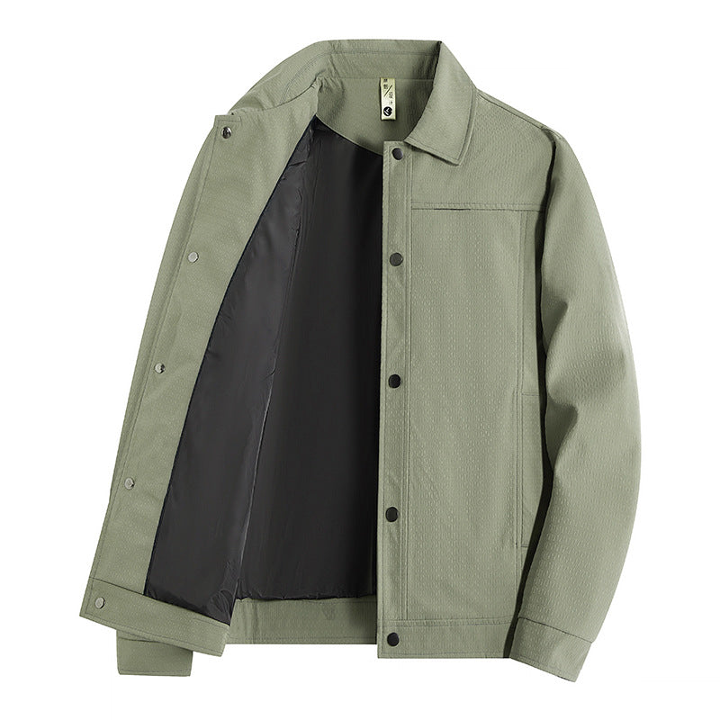 Men's Light Transitional Jacket in Worker Style with Microstructured Twill Look and Snap Button Placket Chichicherry