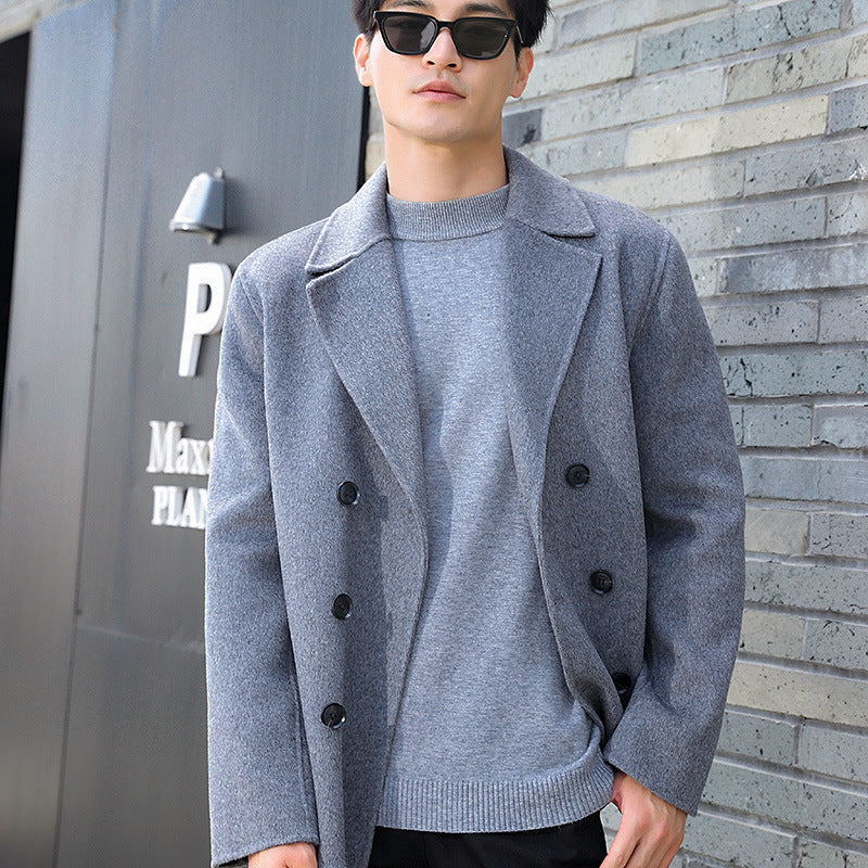 Men's Short Double-Breasted Wool Blend Peacoat with Notch Collar and Thermal Lining Chichicherry