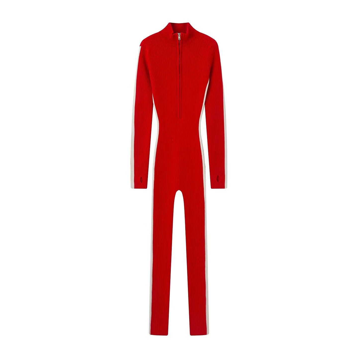 Women's Fitted Rib Knit Jumpsuit with Stand Collar, Zipper and Thumb Hole Chichicherry