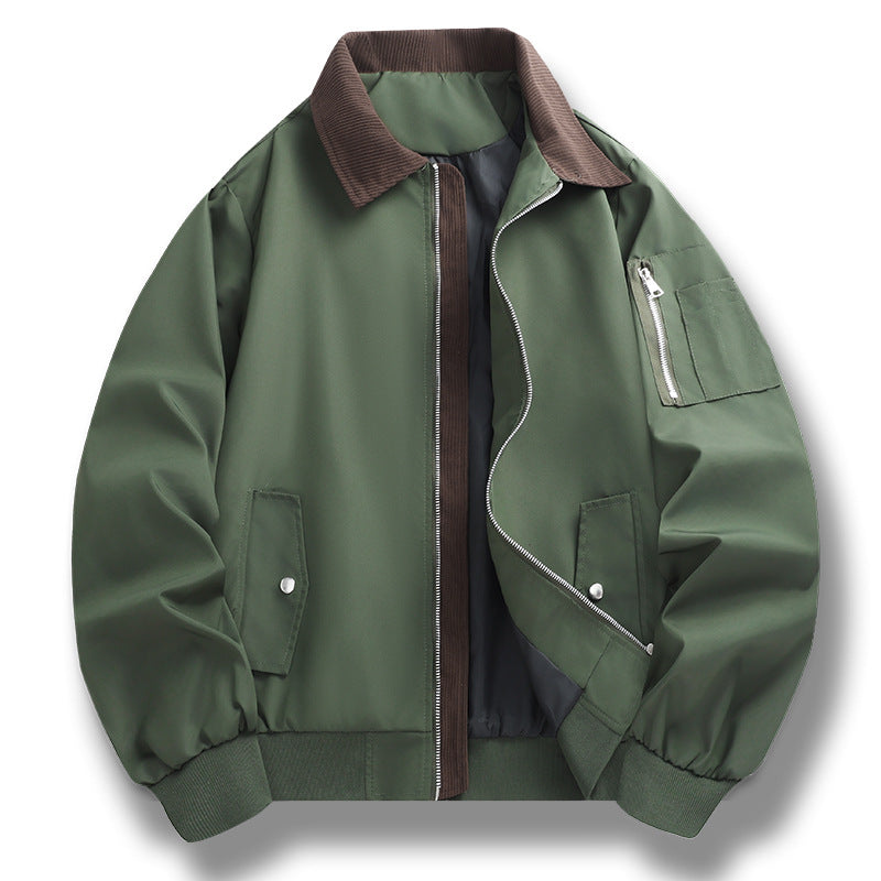 Men's Windproof Bomber Jacket with Cord Collar, Two-Way Zipper and Sleeve Utility Pocket Chichicherry