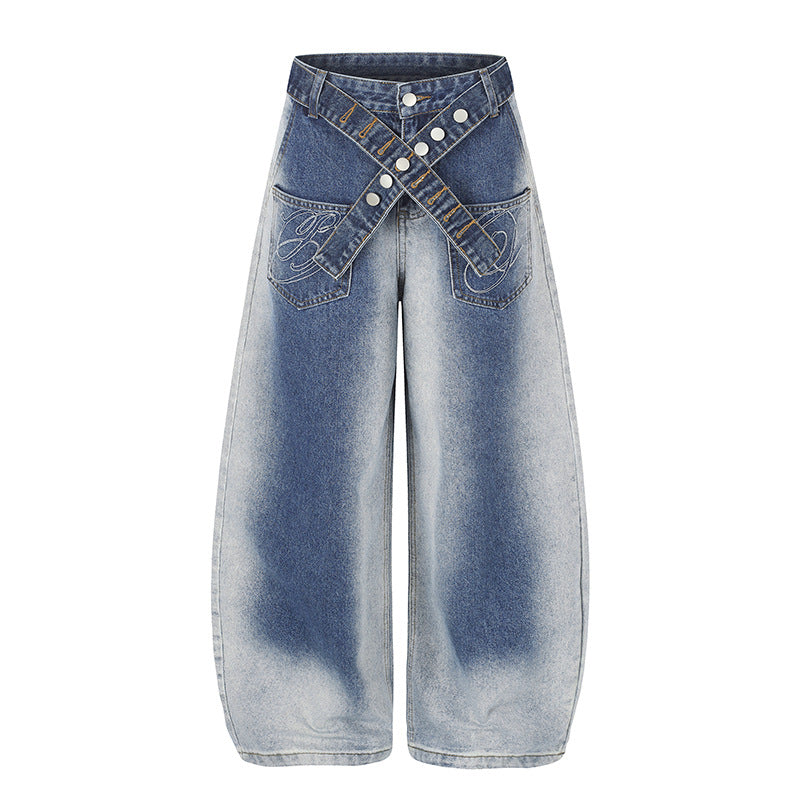 Women's Extra Wide High-Waist Palazzo Jeans with Crossed Decorative Waistband and Embroidered Pockets Chichicherry