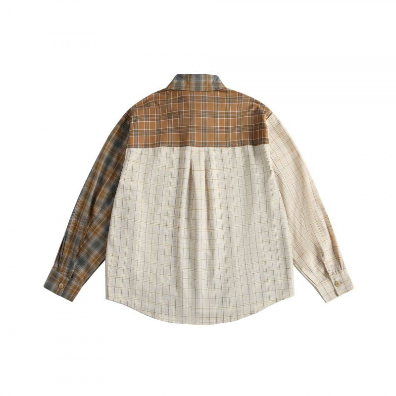 Men's Patchwork Checkered Cotton Flannel Shirt in Oversized Fit with Chest Pocket Chichicherry