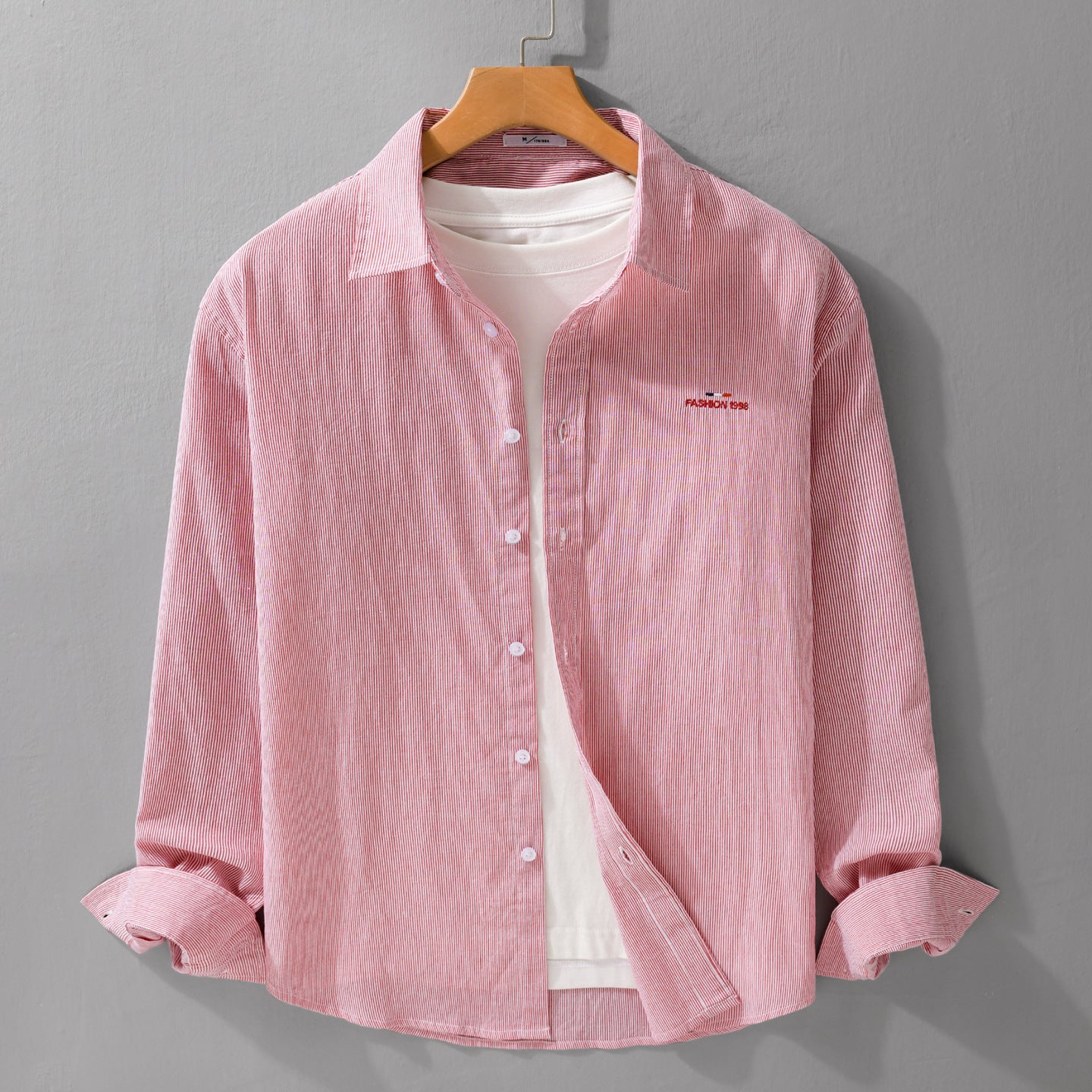 Men's Light Long Sleeve Shirt with Fine Pinstripes and Chest Embroidery Chichicherry