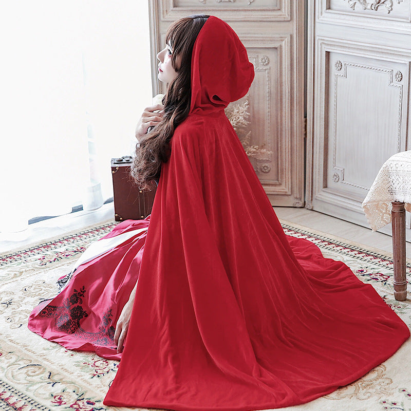Women Fairy Tale Little Red Riding Hood Costume with Voluminous Overskirt and Hood Chichicherry