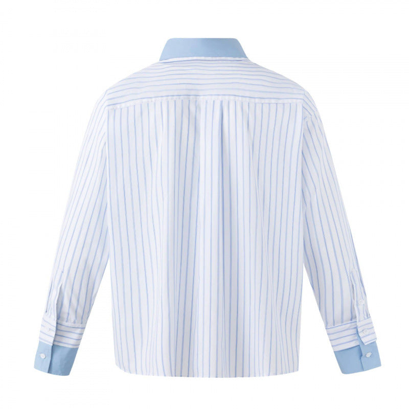 Women's Oversized Shirt Blouse with Pinstripes, Contrast Collar and Cuffs Chichicherry