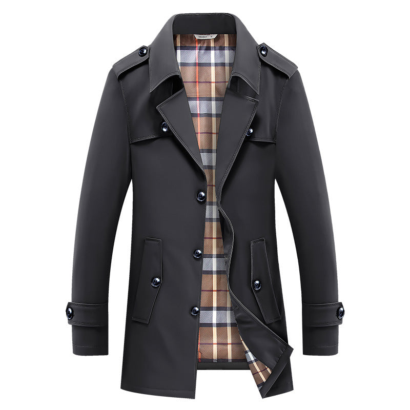 Men's short trench coat in classic style with checked inner lining, shoulder flaps, and flap pockets Chichicherry