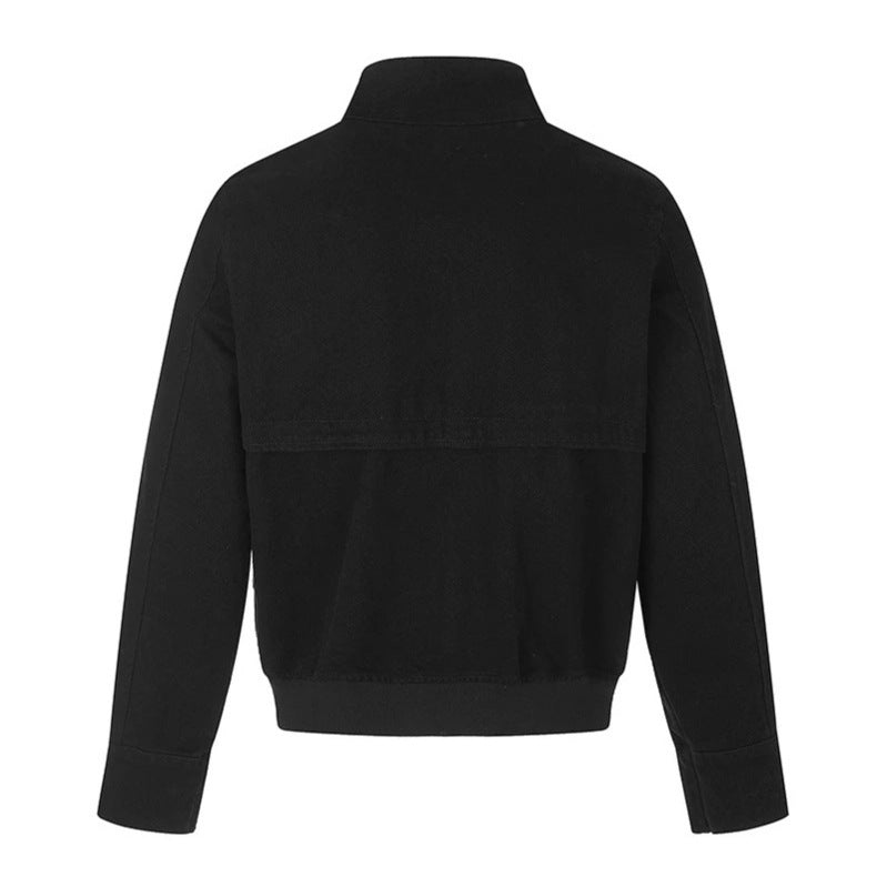 Women's short fitted bomber jacket with stand-up collar, decorative buckles, and flap pockets Chichicherry
