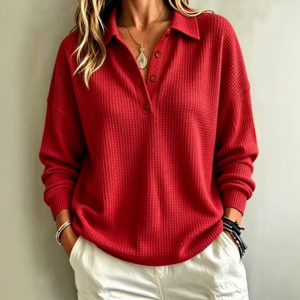 Ladies waffle knit polo with oversized fit, button placket and roll neck look Chichicherry