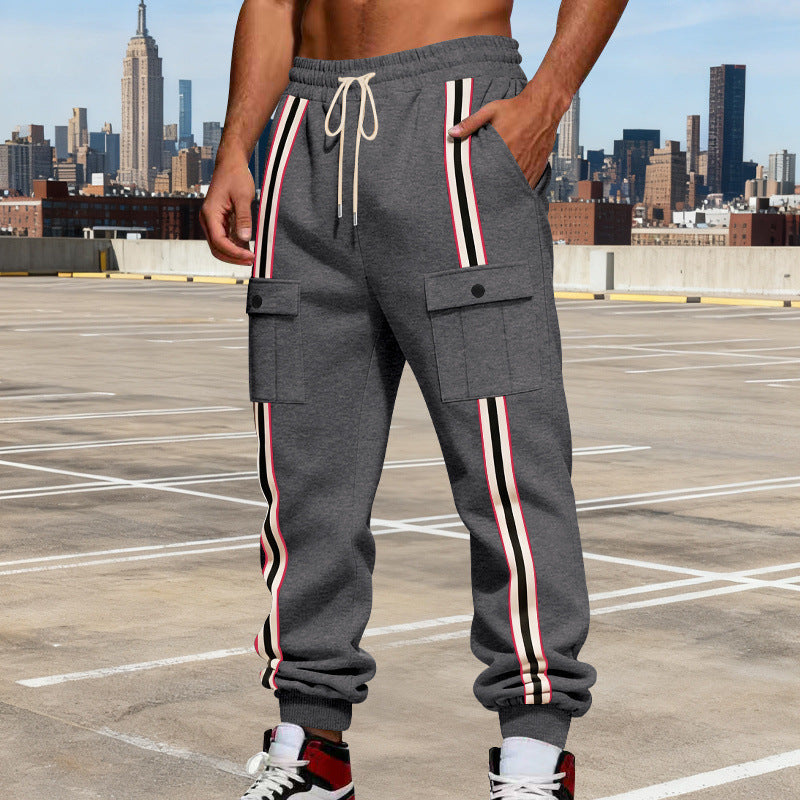 Men's cargo joggers in urban streetwear look with contrast stripes and flap pockets Chichicherry