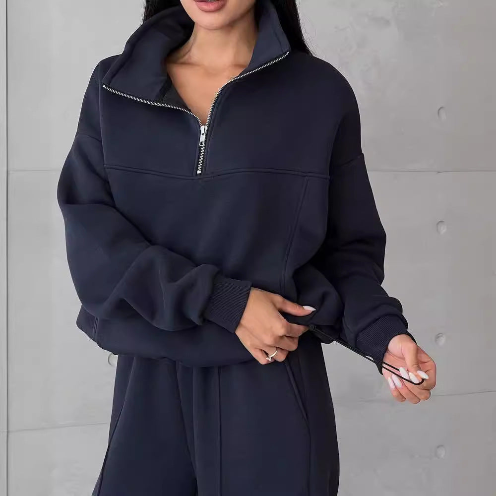 Damen Weiches Oversized Lounge-Set mit Troyer-Kragen, Eingrifftaschen und schmeichelhafter High-Waist Hose Chichicherry