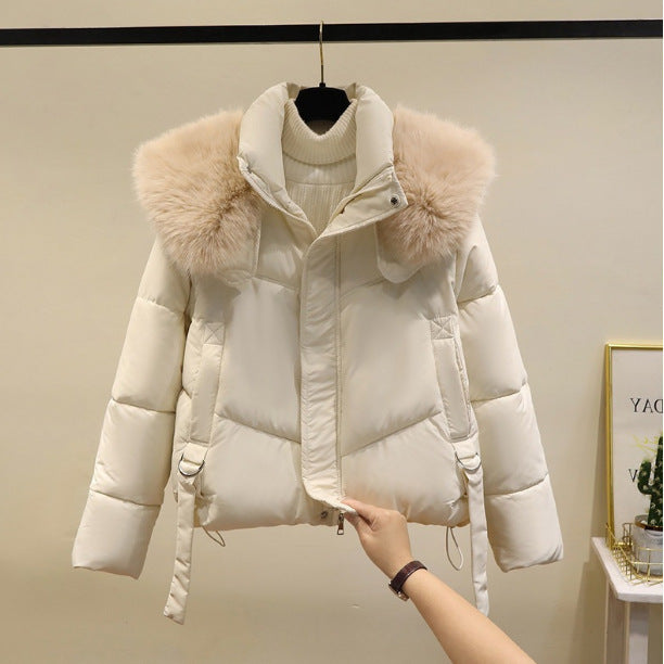 Ladies nano short thermo puffer jacket with detachable faux fur collar, high closing stand-up collar, and drawstring hem Chichicherry