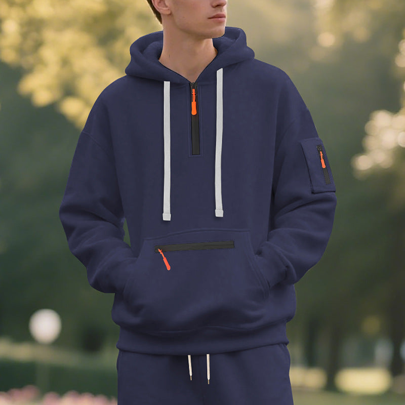 Men's Oversize Hoodie with Half Zipper, Kangaroo Pocket with Zipper and Sleeve Pocket Chichicherry