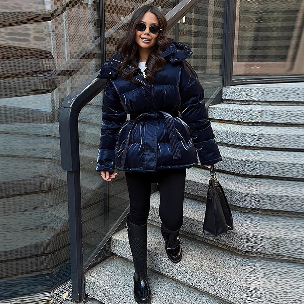 Women's padded hooded quilted jacket with waist belt Chichicherry