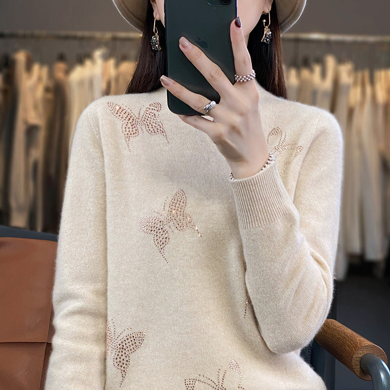 Ladies Stand Collar Fine Knit Sweater with Rhinestone Butterfly Appliqué Chichicherry