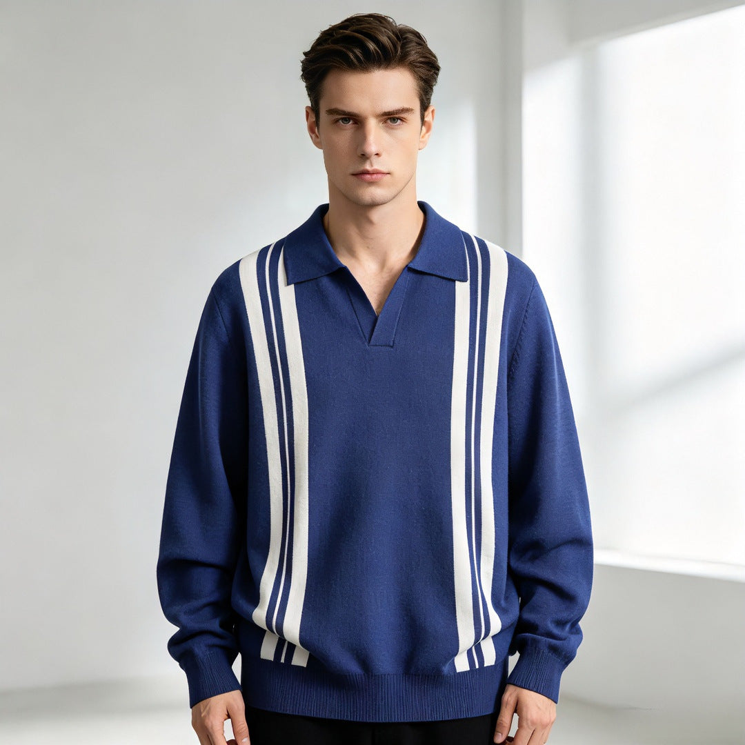 Unisex Feinstrick-Polo mit offenem V-Kragen und vertikalen Kontraststreifen Chichicherry
