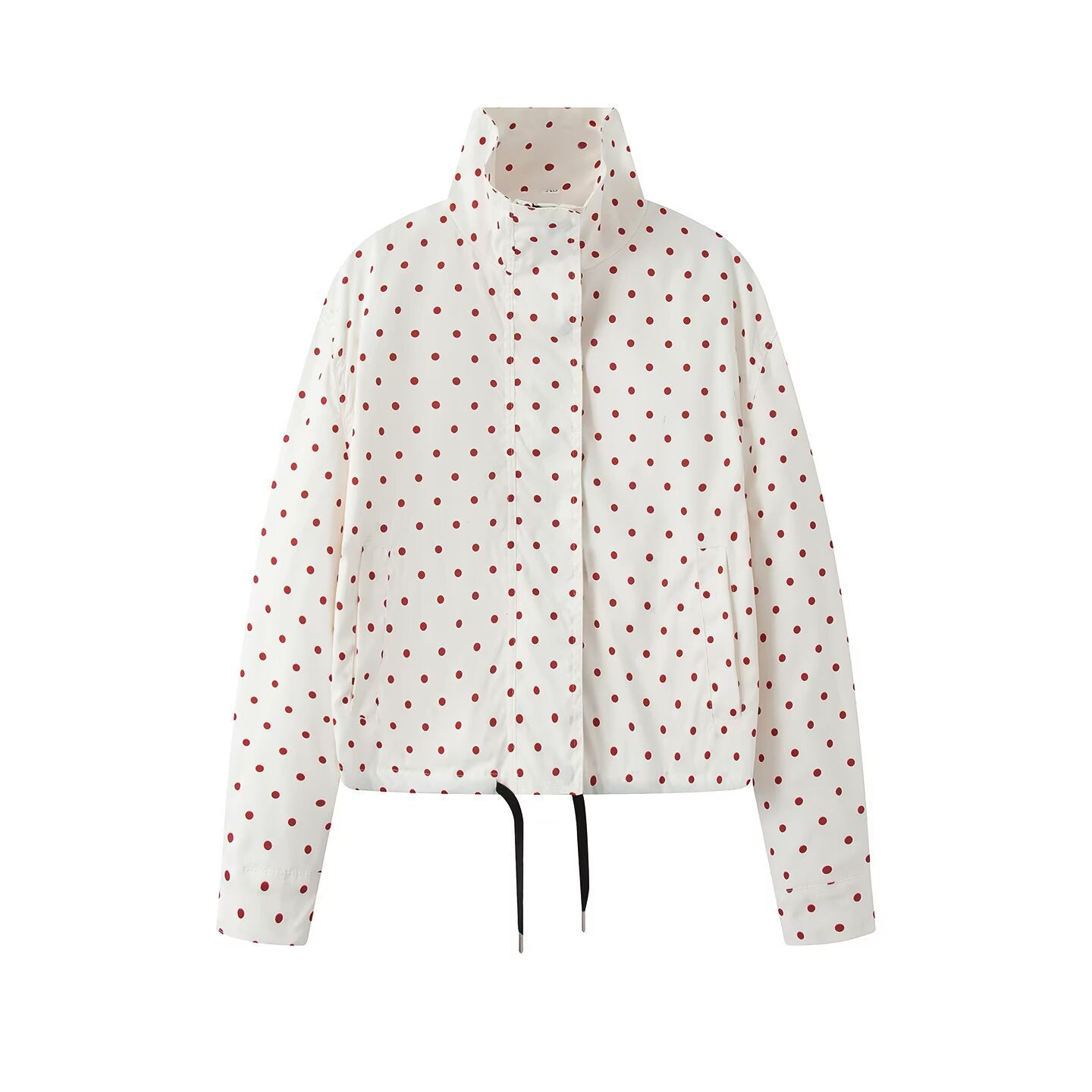 Women's Short Dotted Rain Jacket with Stand-Up Collar and Drawstring Chichicherry