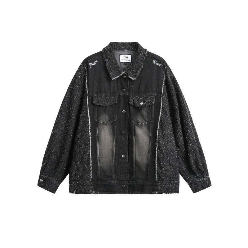 Unisex Oversized Denim Jacket with Mélange Boucle Sleeve and Frayed Edge Chichicherry