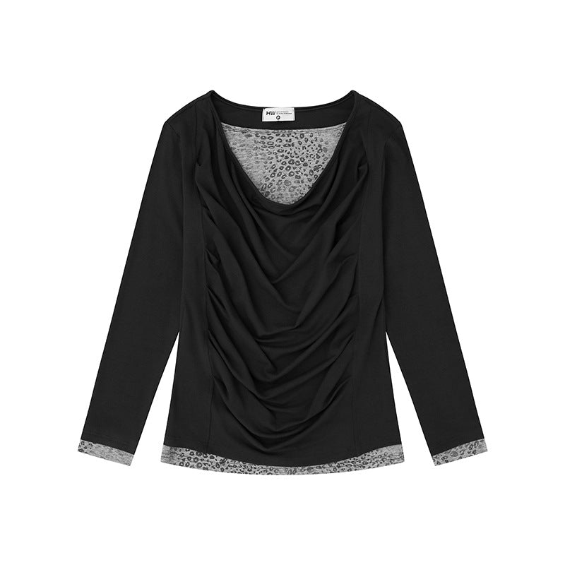 Women's Figure-Flattering Long Sleeve Shirt with Waterfall Draping and Animal Inside Lining Chichicherry