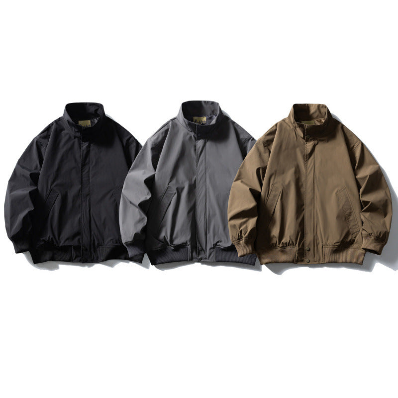 Men's Boxy Bomber Jacket with Stand-Up Collar, Concealed Snap Button Placket, and Elastic Ribbed Cuffs Chichicherry
