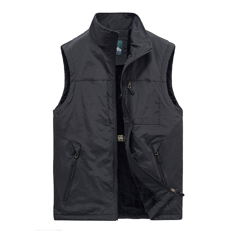 Men's Quilted Fleece-Lined Outdoor Vest with Stand-Up Collar and Zipper Pockets Chichicherry