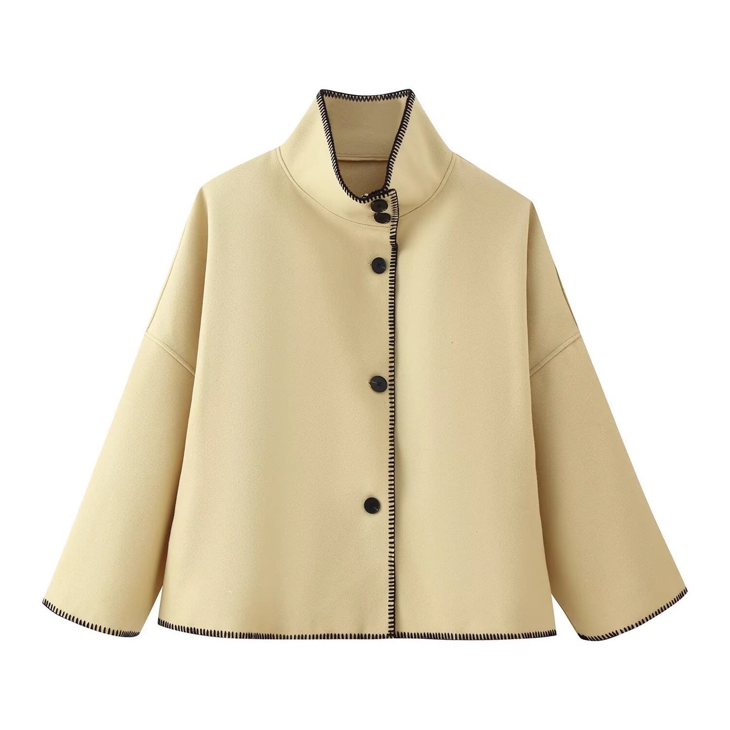 Women's Short Boxy Coat-Cape with Standing Collar and Contrast Decorative Stitch Chichicherry
