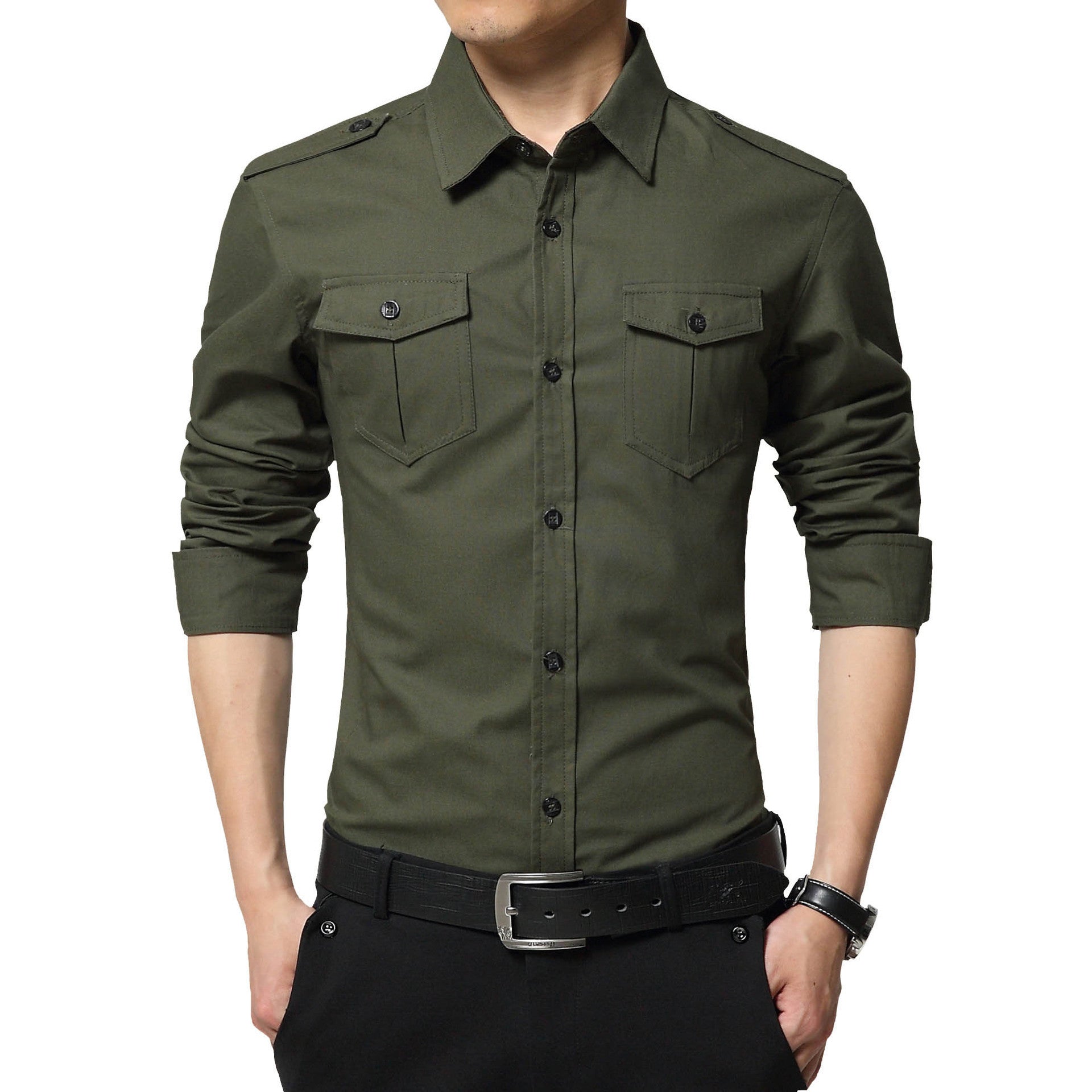 Men's Slim-Fit Cotton-Blend Utility Shirt with Shoulder Flaps and Chest Patch Pockets Chichicherry