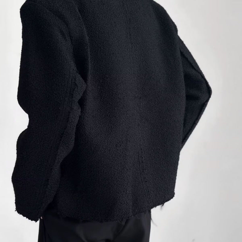Damen Oversized Bouclé-Jacke ohne Kragen mit aufgesetzten Taschen und Raw‑Edge-Details Chichicherry