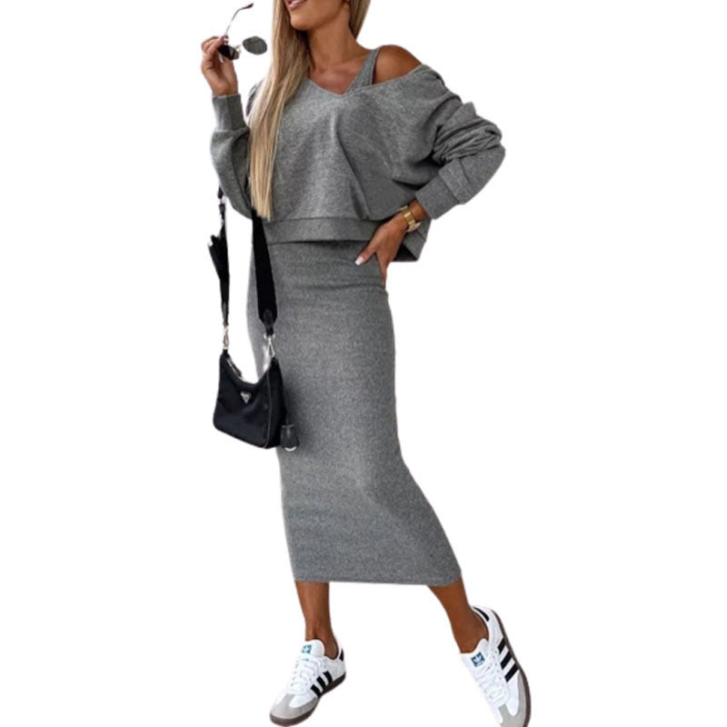 Damen Casual-Set Cropped-Sweatshirt mit Cut-Out-Trägern und High‑Waist Midirock aus Stretch-Fleece Chichicherry