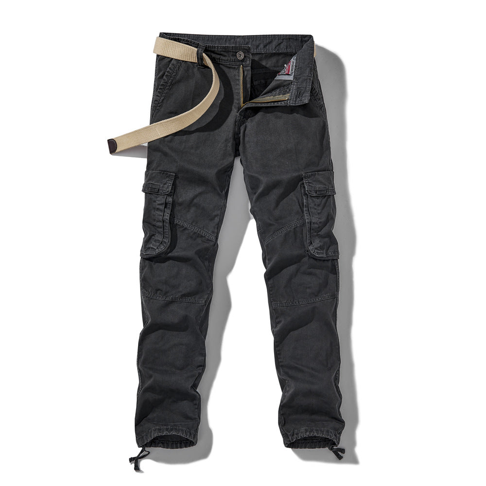 Men's cargo pants with reinforced knees, drawstring leg cuffs, and integrated belt.